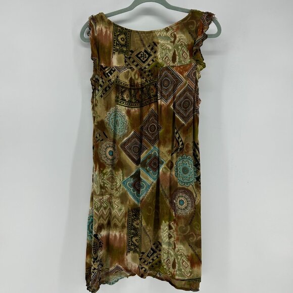 Y2K Bohemian Boho Beaded Mini Dress Women's L Brown Green Sleeveless Lightweight - Picture 6 of 10